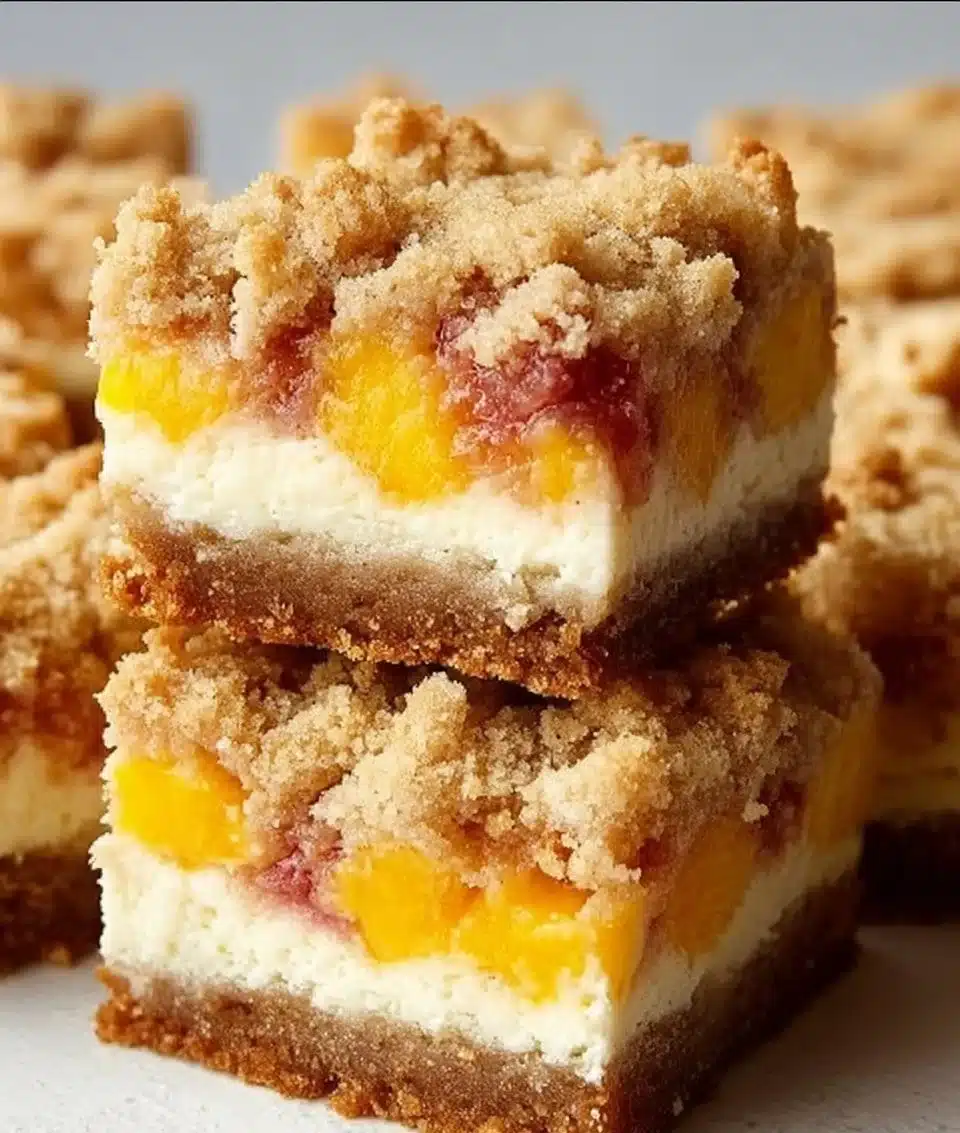 Delicious Peach Cobbler Bars with a creamy cheesecake swirl on a wooden platter