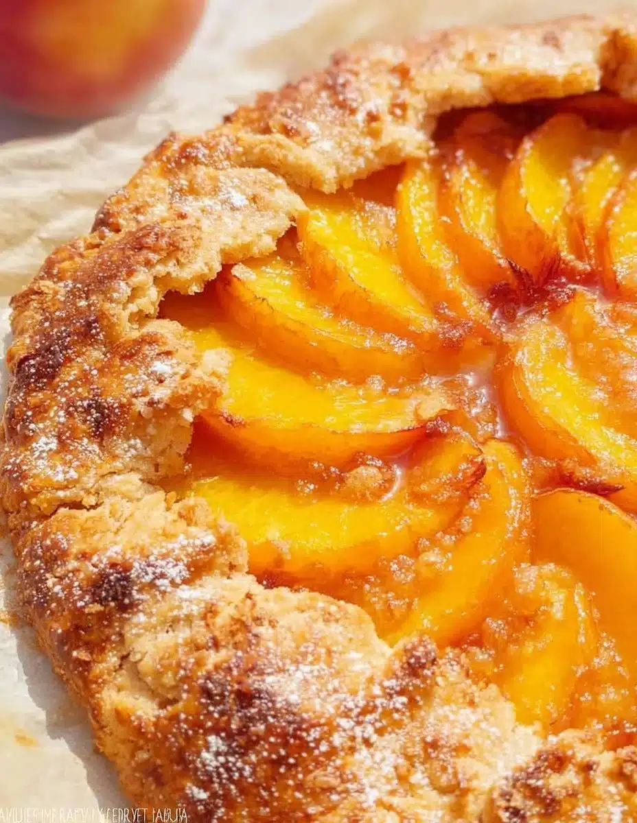 Delicious homemade Peach Galette with fresh peaches and golden flaky crust.