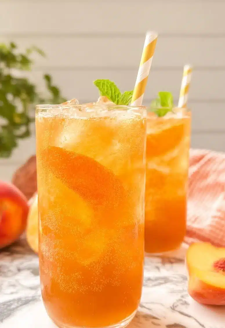 Refreshing Peach Tea served in a glass with fresh peach slices.