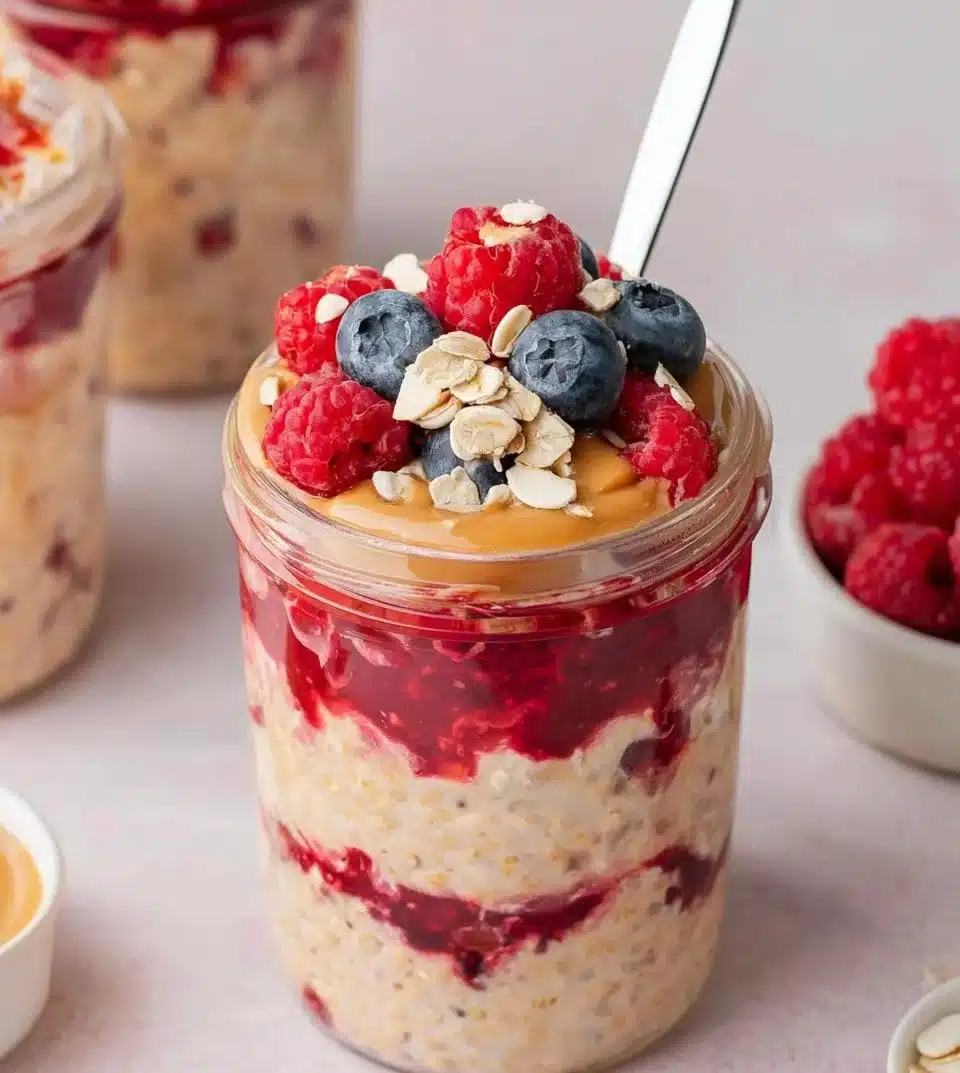 Peanut Butter and Jelly Overnight Oats in a jar with fresh fruits