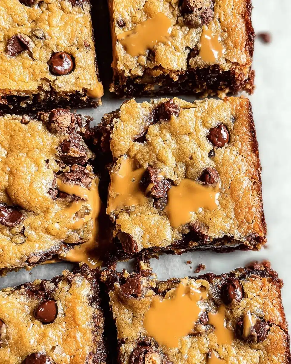 Delicious homemade peanut butter chocolate chip bars on a wooden cutting board.