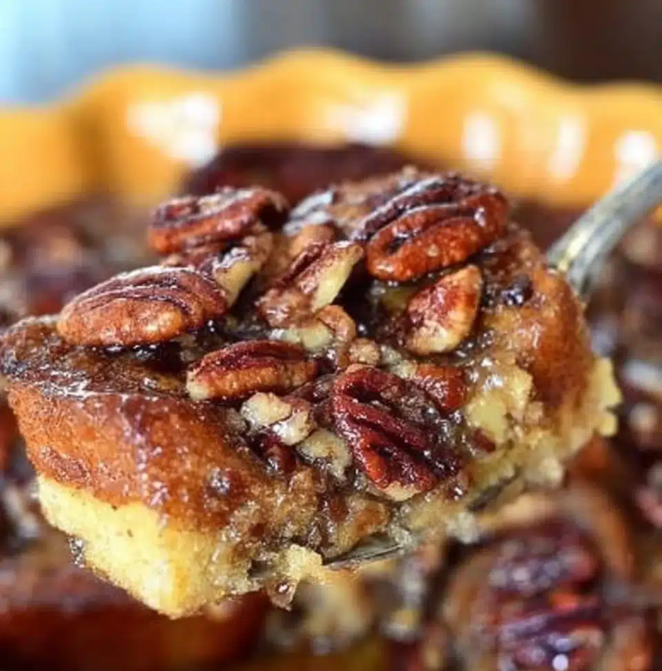 Delicious Pecan Pie French Toast Casserole baked with pecans and spices