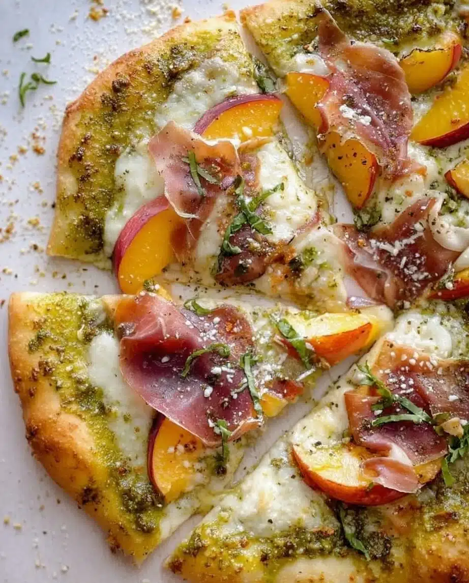 Delicious Pesto Peach Prosciutto Pizza topped with fresh ingredients