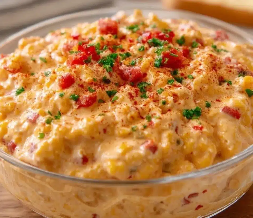 A bowl of creamy pimento cheese spread garnished with herbs and served with crackers.