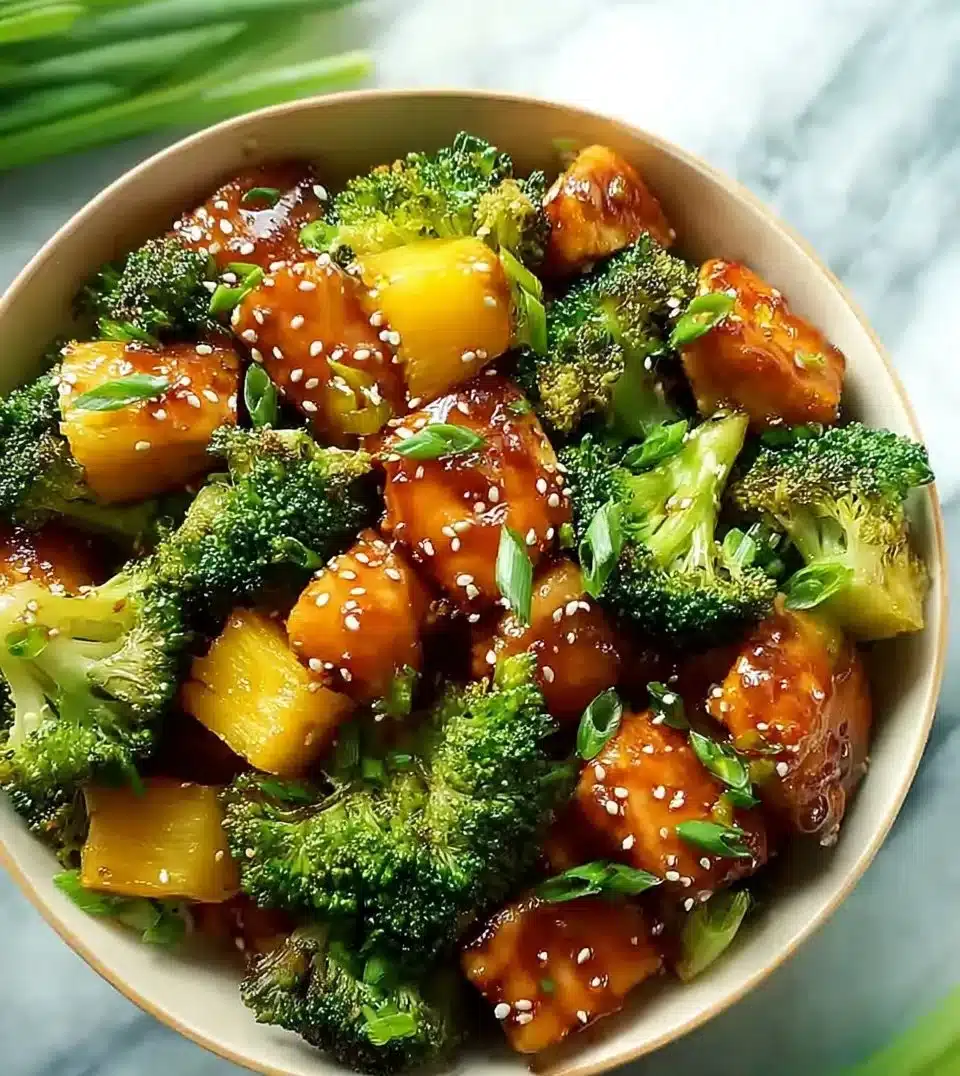Delicious pineapple chicken and broccoli dish served in a bowl