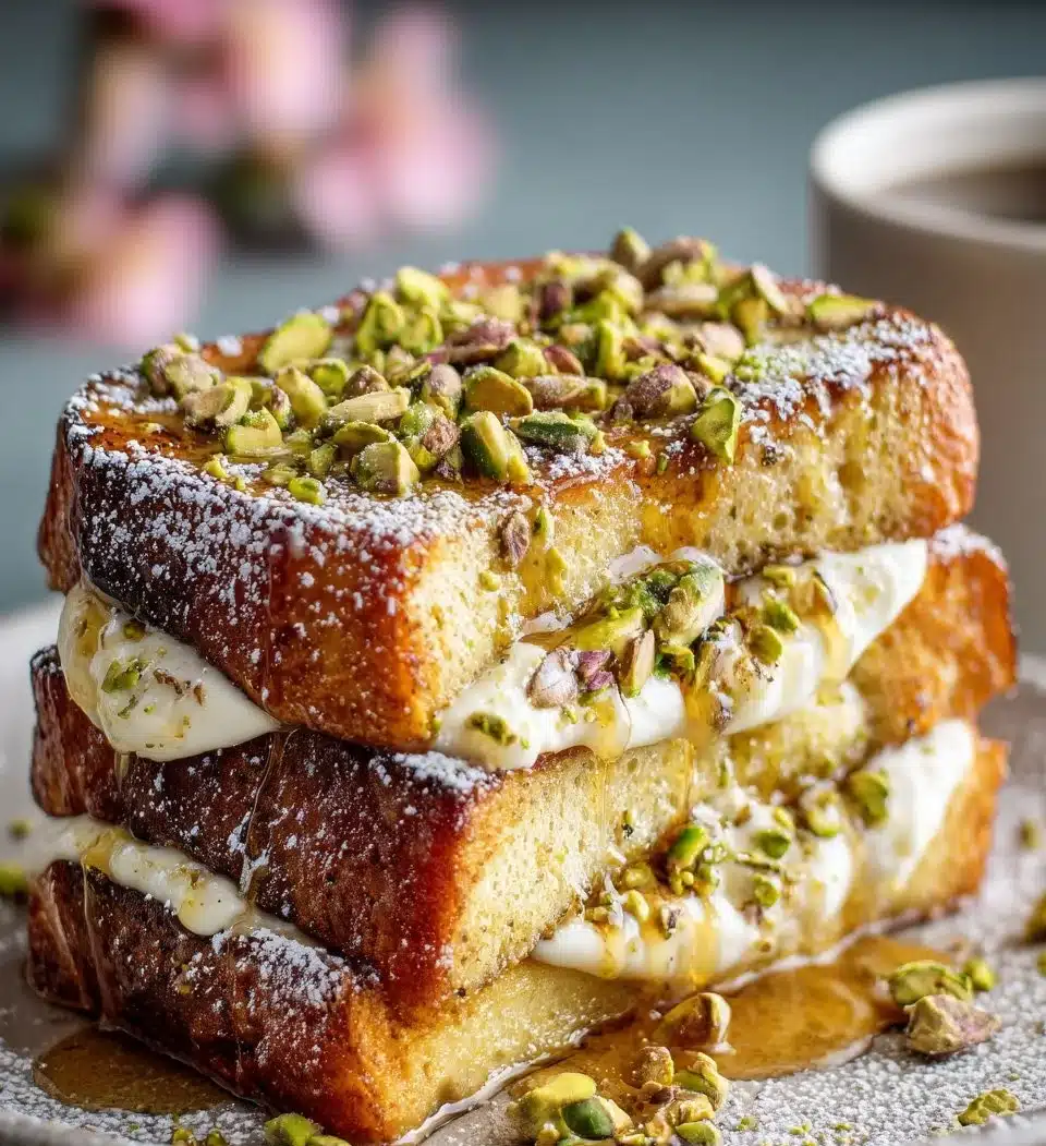 Delicious Pistachio Cream French Toast Bake topped with nuts and syrup