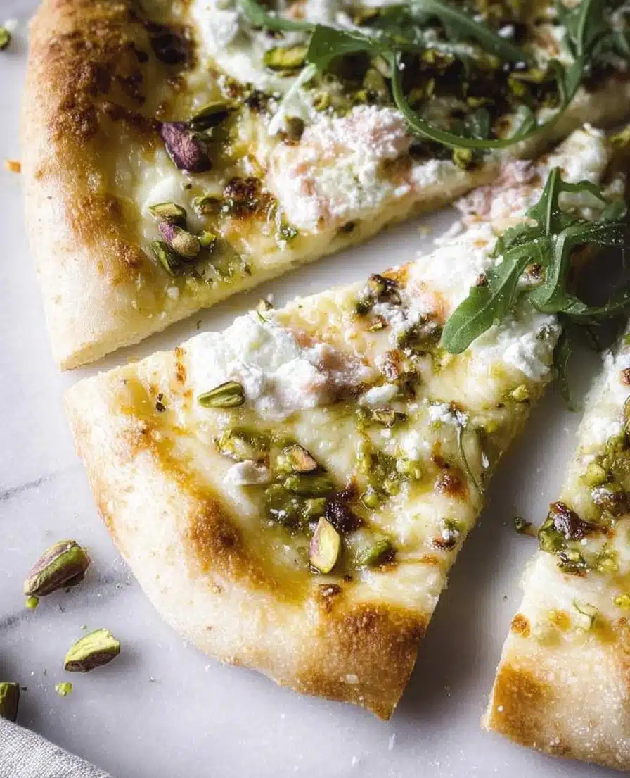 Delicious pistachio white pizza topped with cheese and crunchy pistachios
