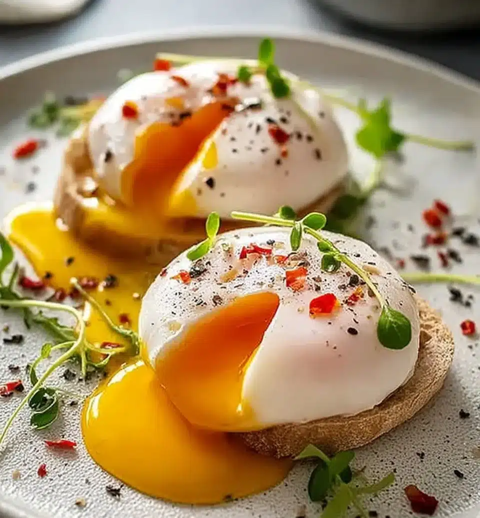 Perfectly poached eggs served on toast with fresh herbs
