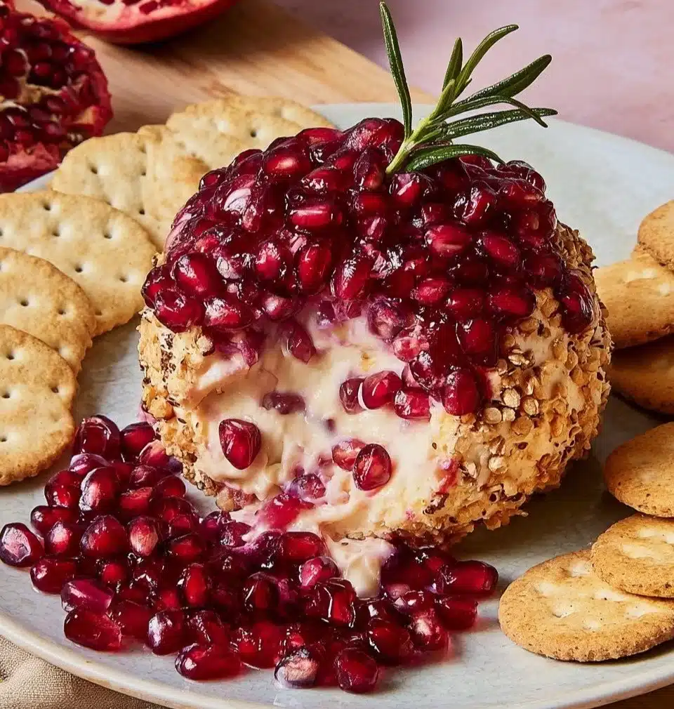 Pomegranate White Cheddar Cheeseball with seasonal fruits and crackers