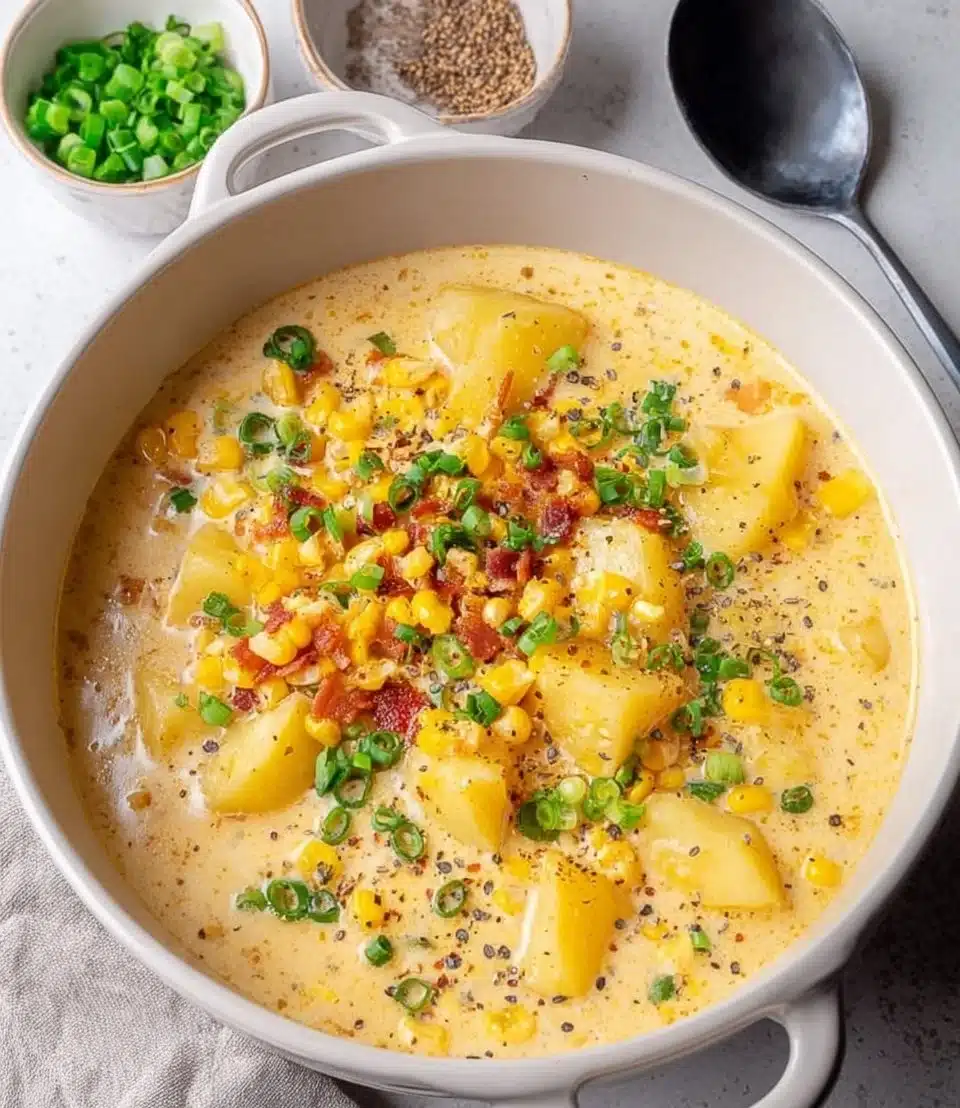 Bowl of potato corn chowder with bacon and fresh herbs