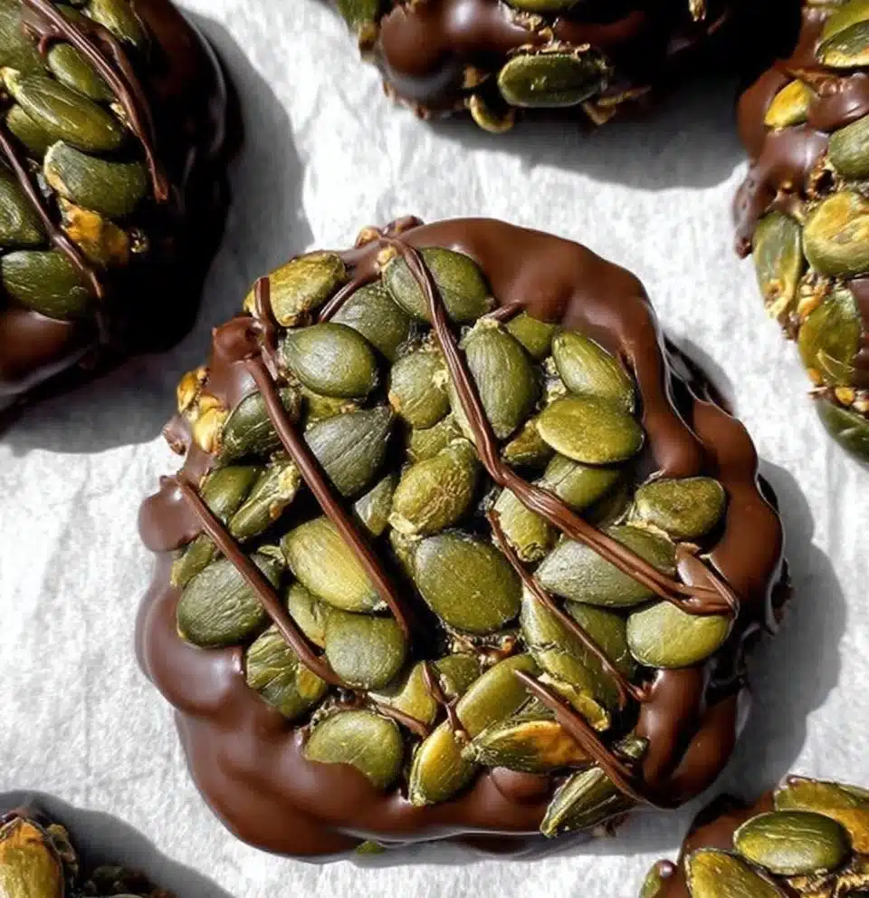 Delicious pumpkin seed chocolate bites made with rich chocolate and crunchy seeds.
