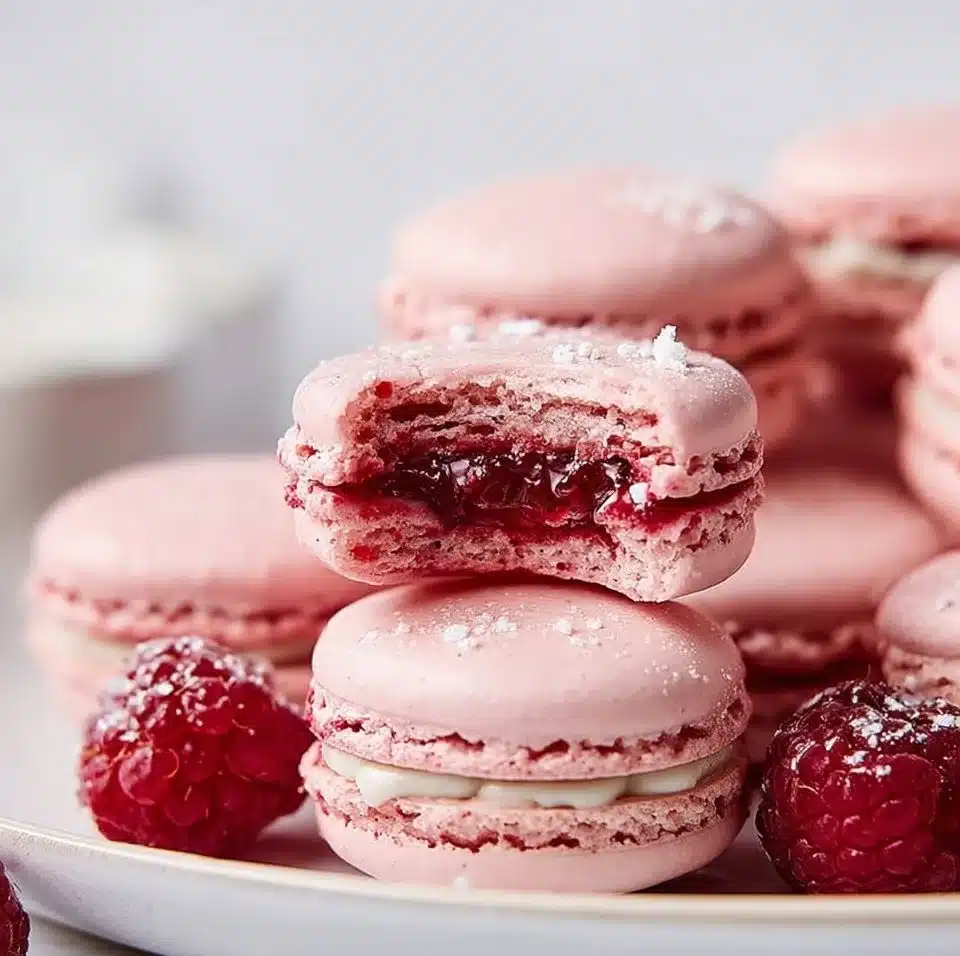 Delicious Raspberry Cheesecake Macarons with creamy filling and raspberry flavor