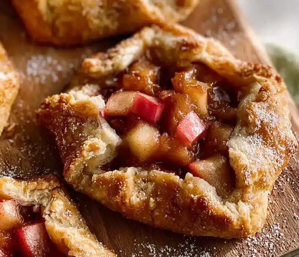 Freshly baked rhubarb galette with flaky crust and vibrant rhubarb filling.