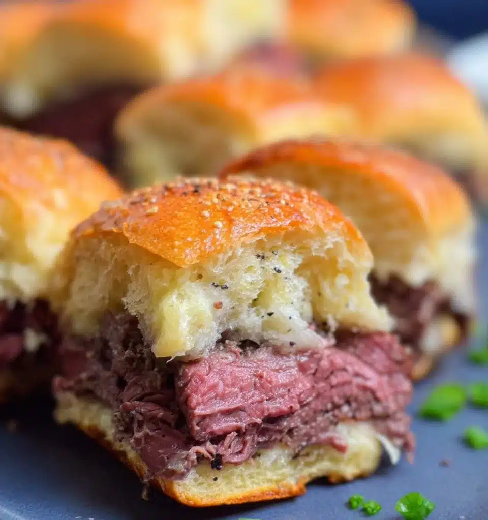 Delicious roast beef sliders served on a platter with fresh toppings