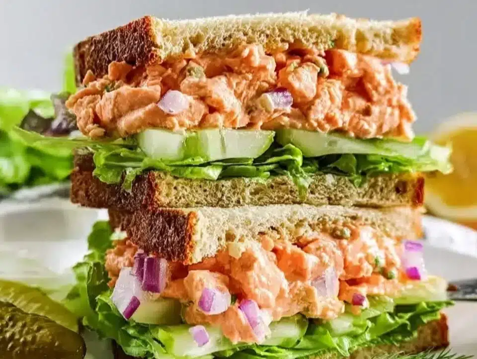 Delicious salmon salad sandwich on whole grain bread with vegetables