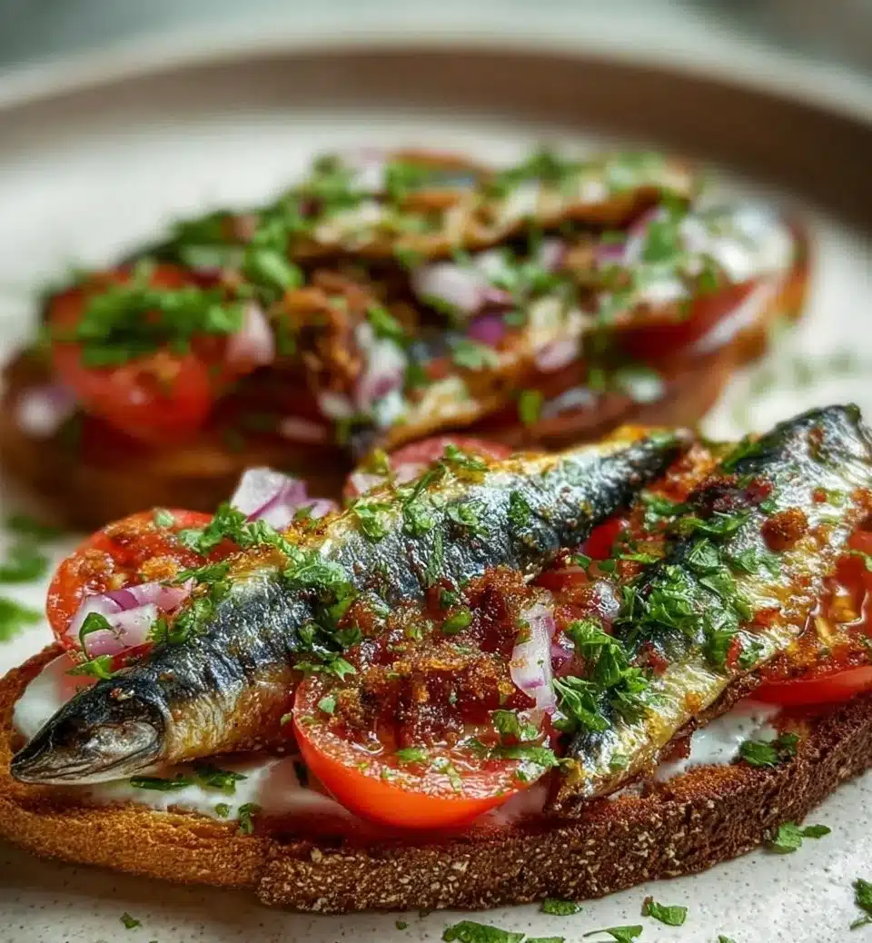 A delicious plate of sardine toast garnished with fresh herbs and lemon.