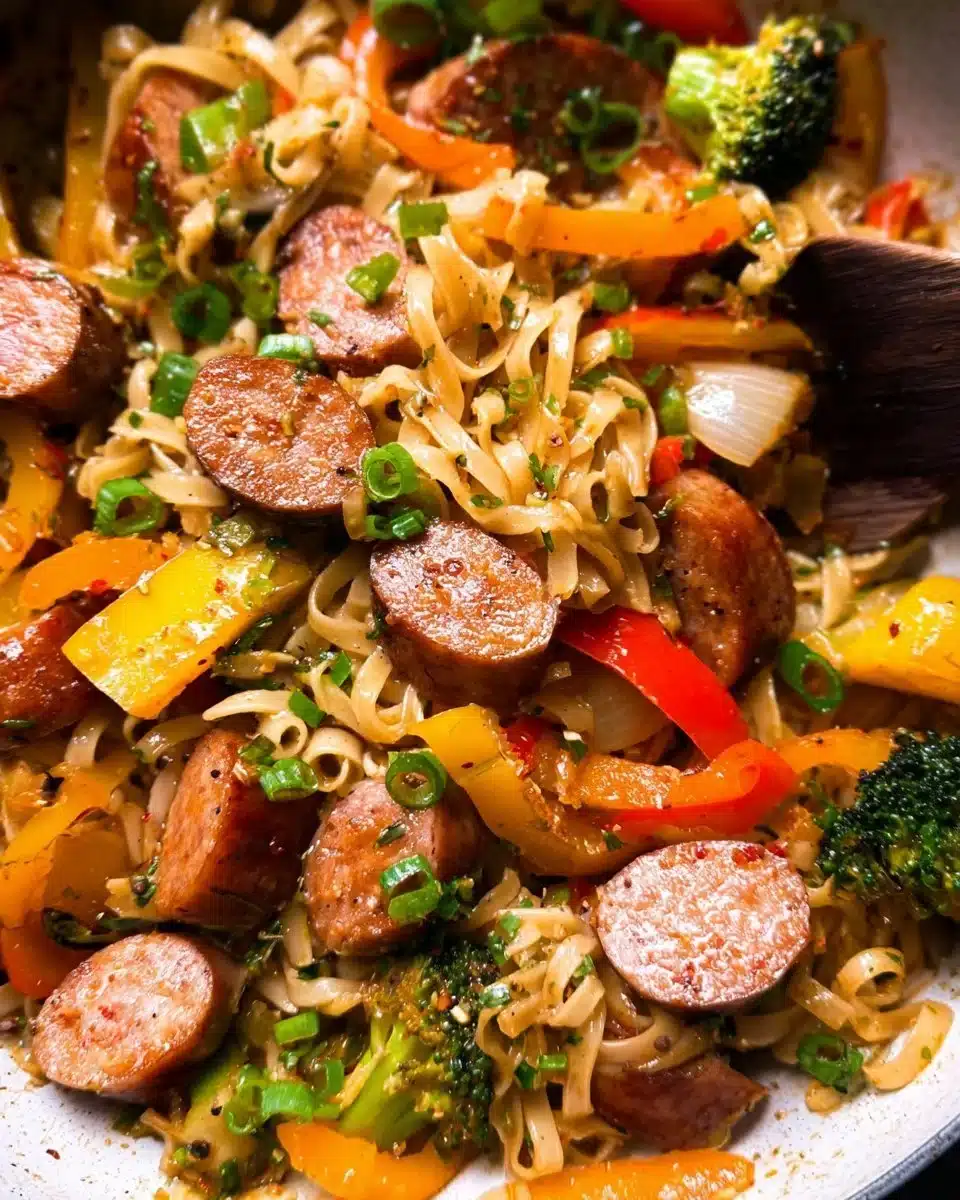 Colorful sausage stir fry with vegetables in a frying pan