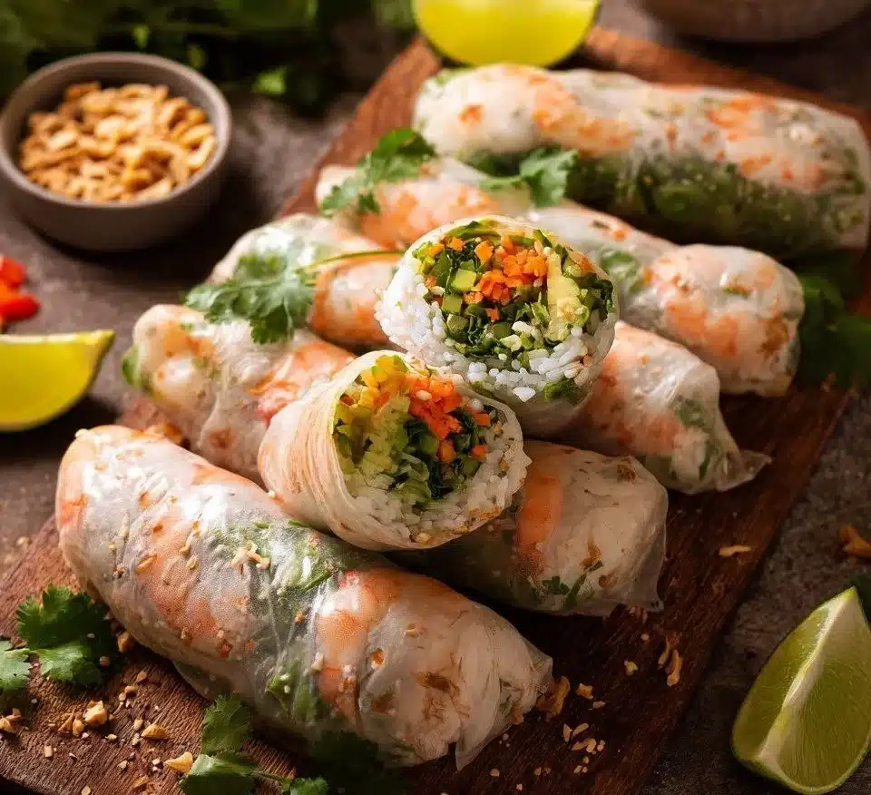 Delicious shrimp spring rolls with fresh vegetables and dipping sauce