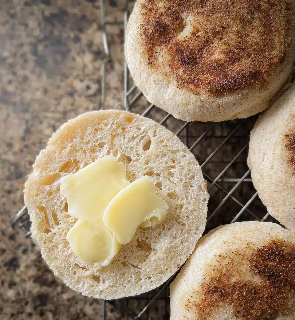 Freshly baked sourdough discard English muffins on a cooling rack.