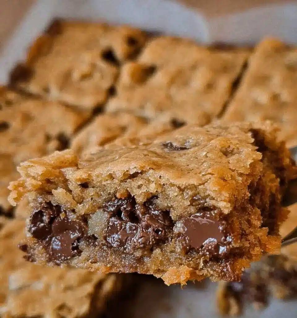 Delicious sourdough oatmeal chocolate chip cookie bars on a wooden plate.
