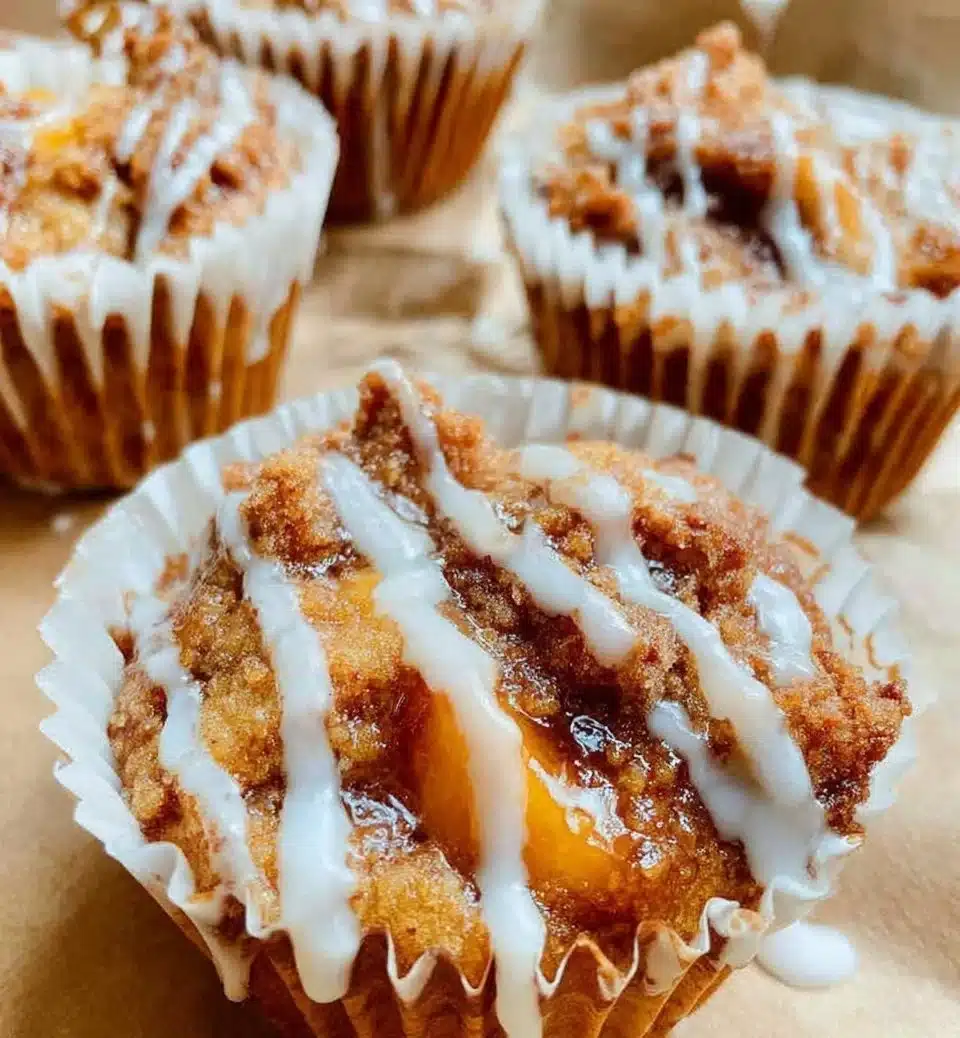 Sourdough peach coffee cake muffins on a cooling rack with fresh peaches.