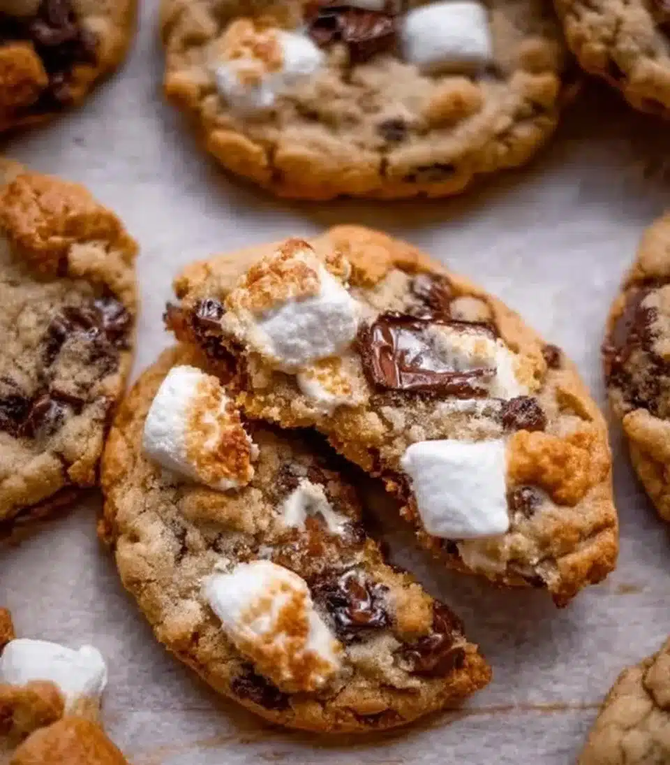 Delicious sourdough smores cookies with melted chocolate and marshmallows