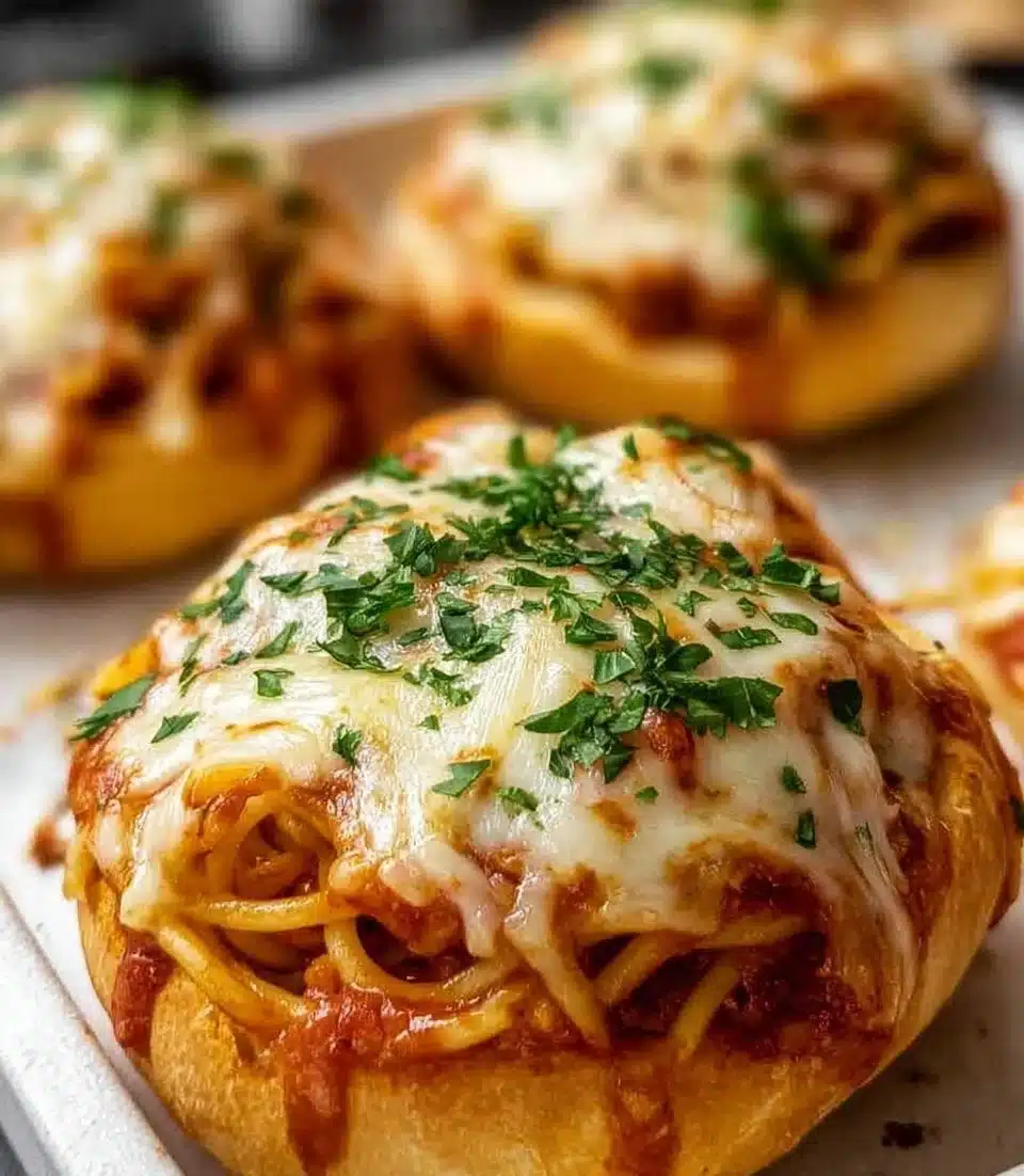 Spaghetti Garlic Bread Bowls topped with cheese and herbs