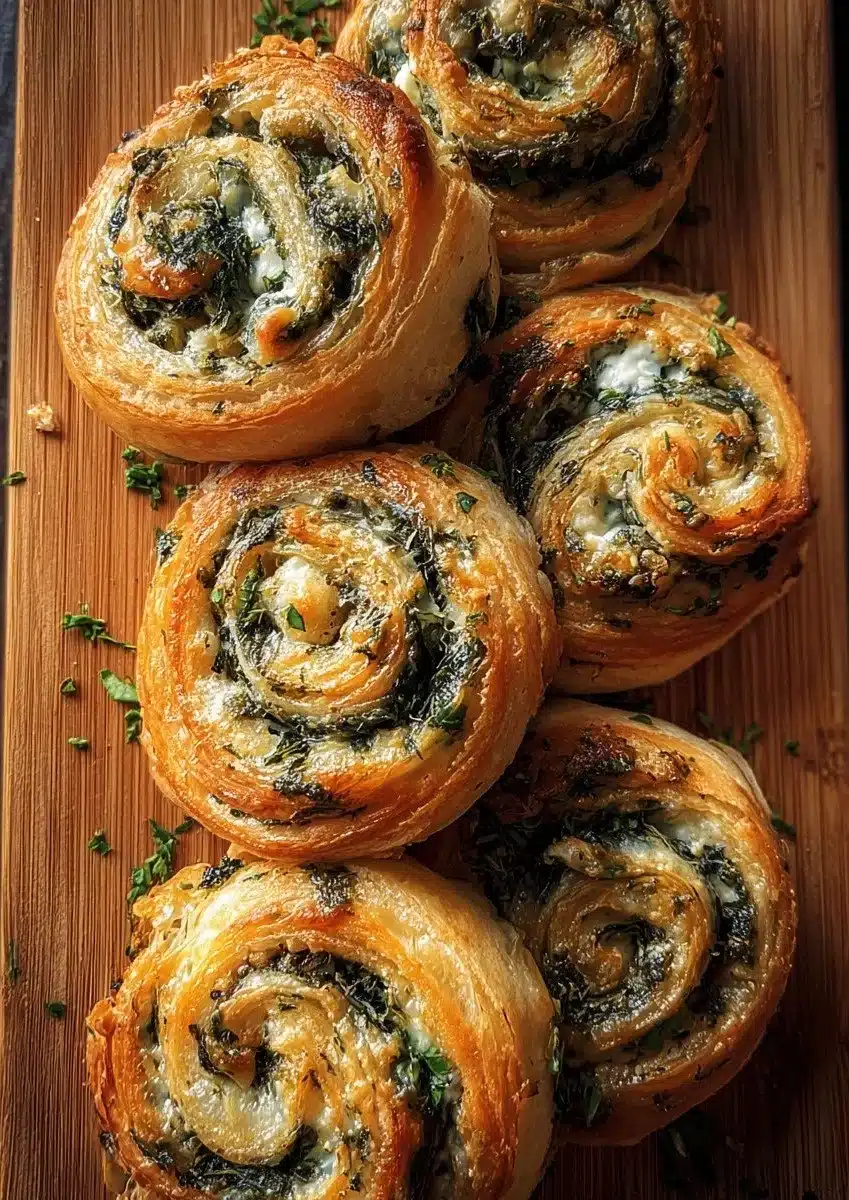 Delicious spanakopita puff pastry swirls with spinach filling