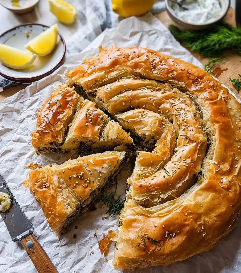 Delicious homemade Spanakopita with flaky phyllo pastry and spinach filling.