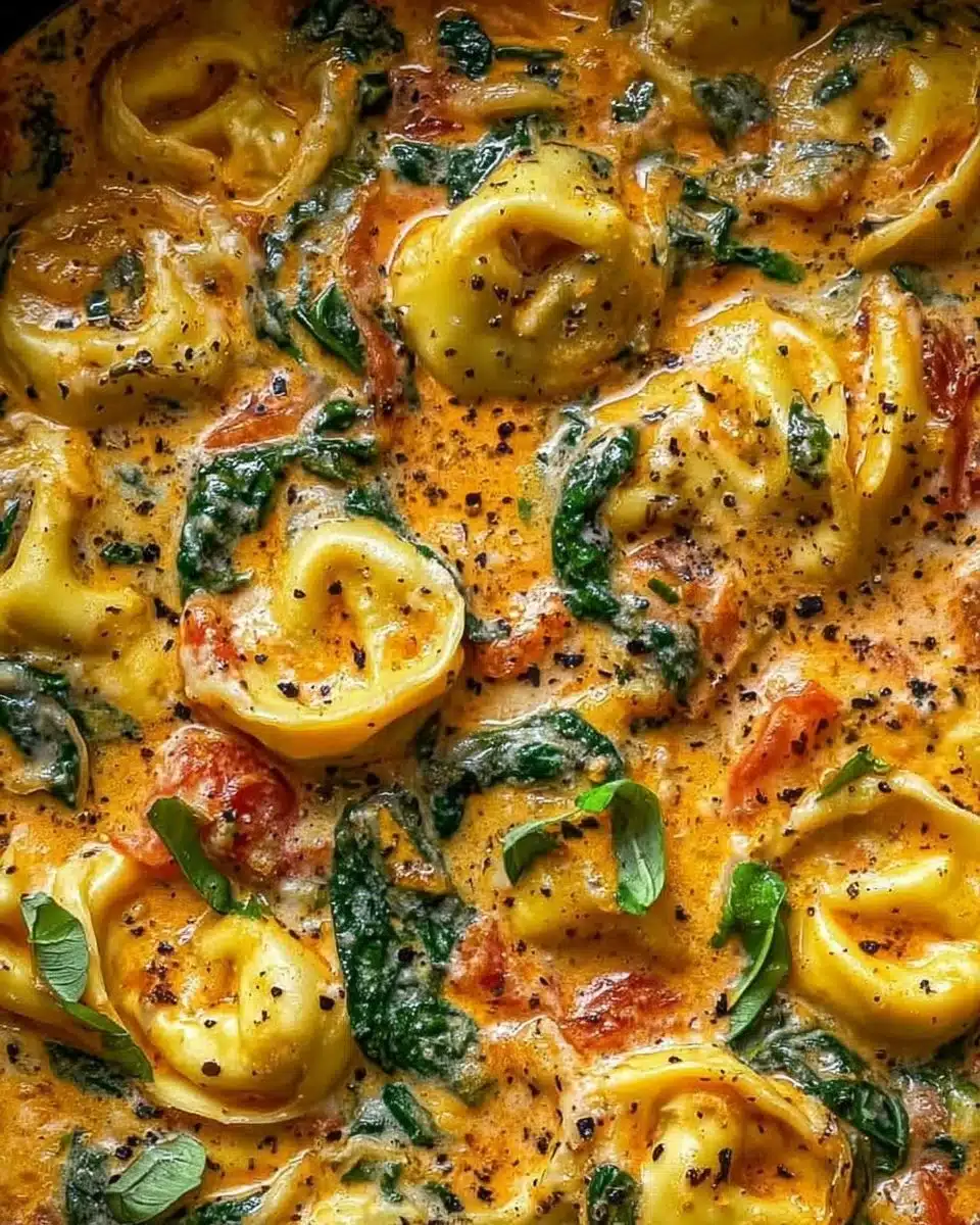Delicious Spinach Tomato Tortellini served in a bowl with fresh ingredients.
