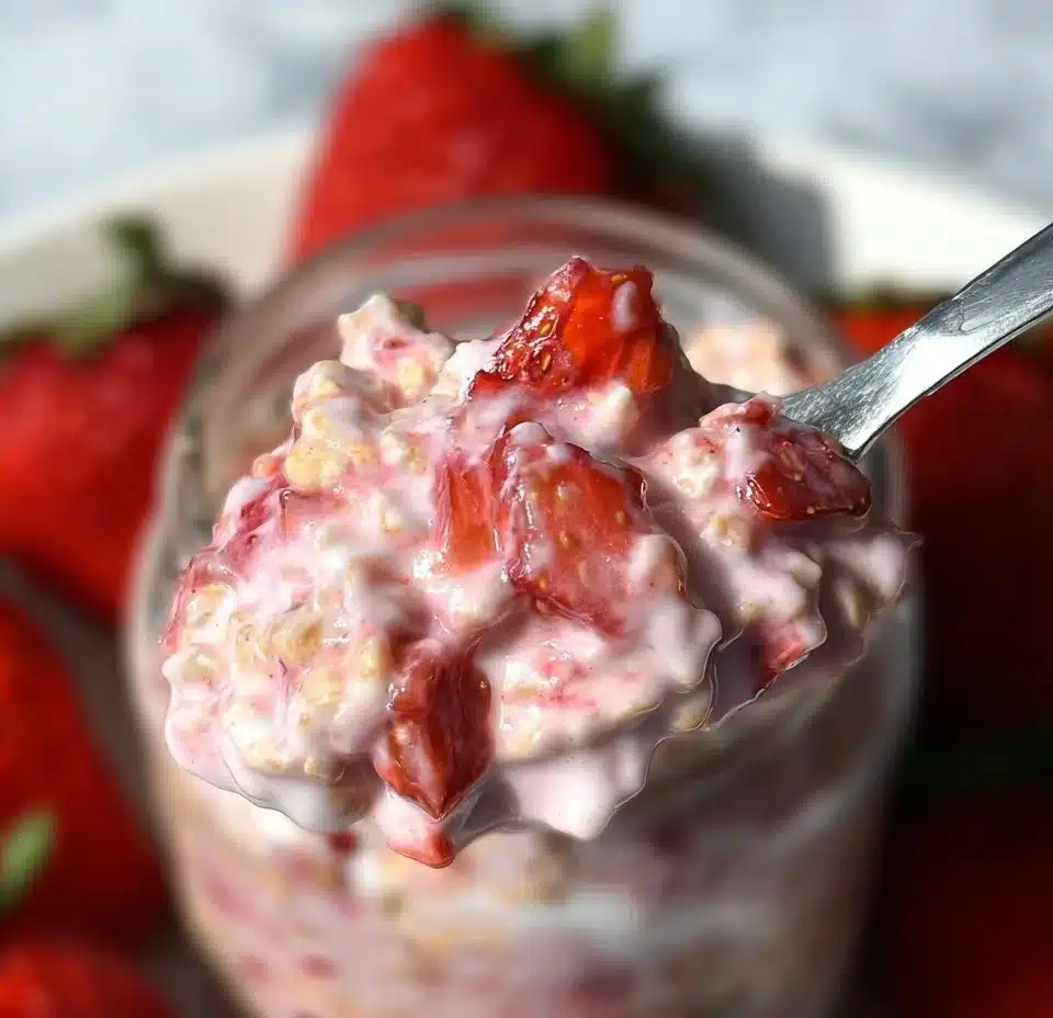 Bowl of strawberries and cream overnight oats topped with fresh strawberries