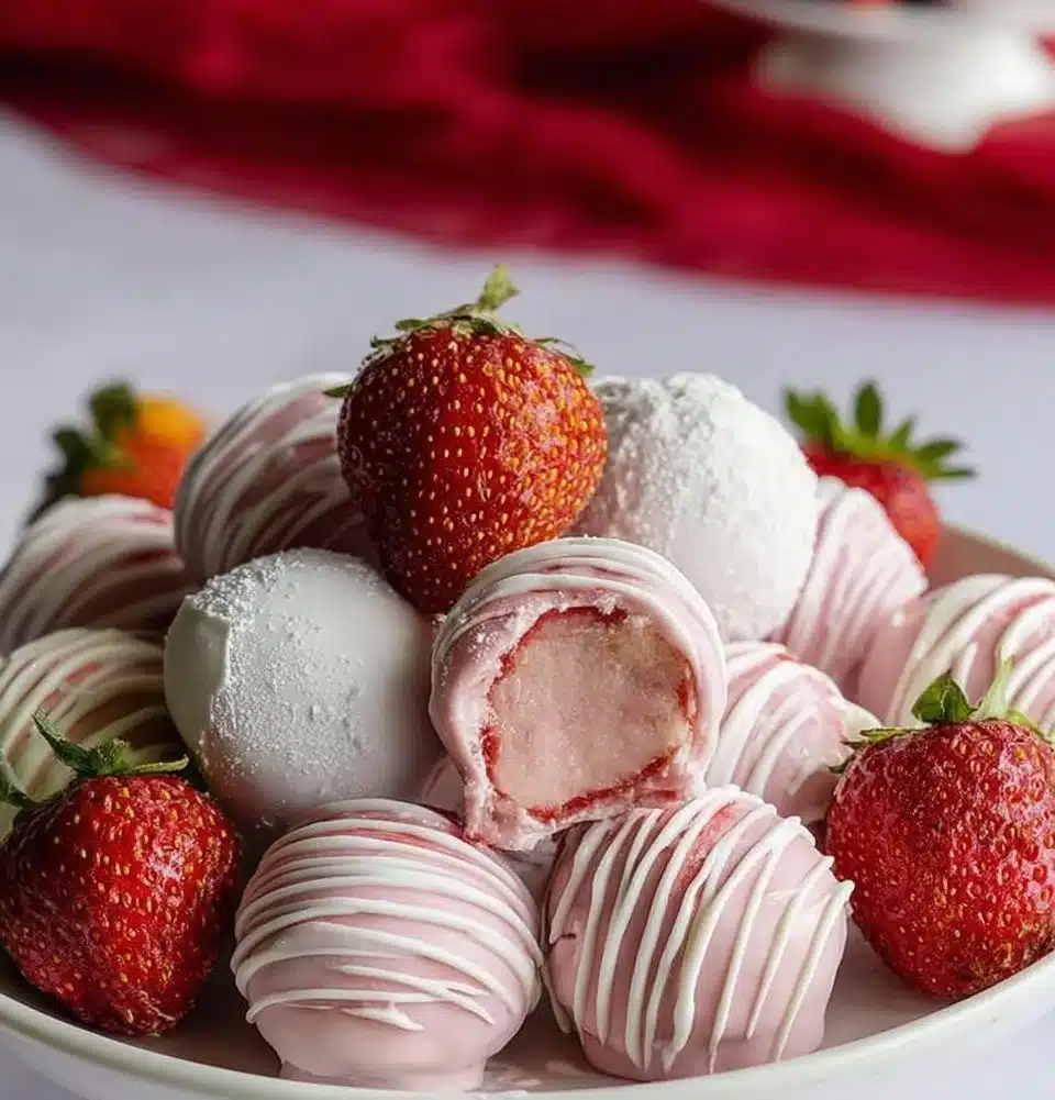 Delicious Strawberry Cheesecake Truffles coated in chocolate and garnished with strawberries