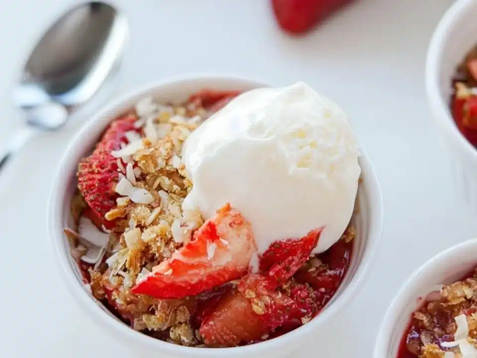 Deliciously baked Strawberry Coconut Crisp topped with coconut flakes and strawberries.