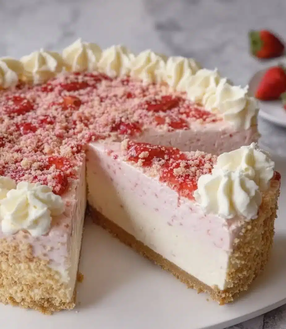 Delicious Strawberry Crunch Cheesecake topped with fresh strawberries and a crunchy layer