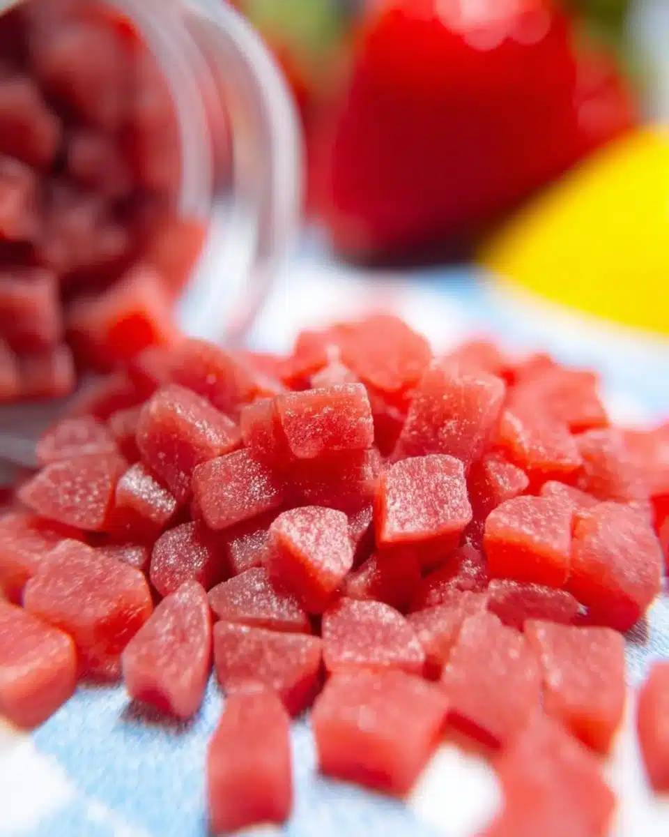 Delicious strawberry gummies in colorful packaging