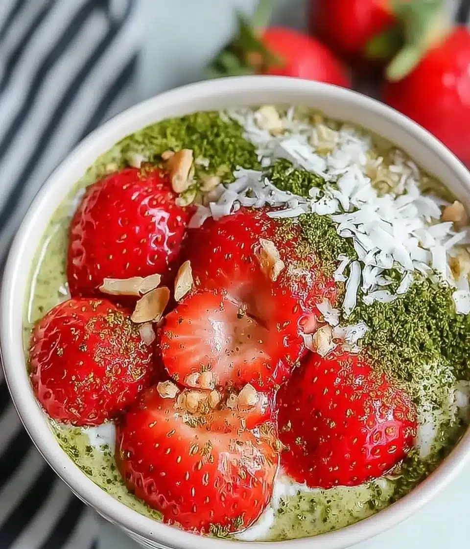 Bowl of Strawberry Matcha Overnight Oats topped with fresh strawberries.