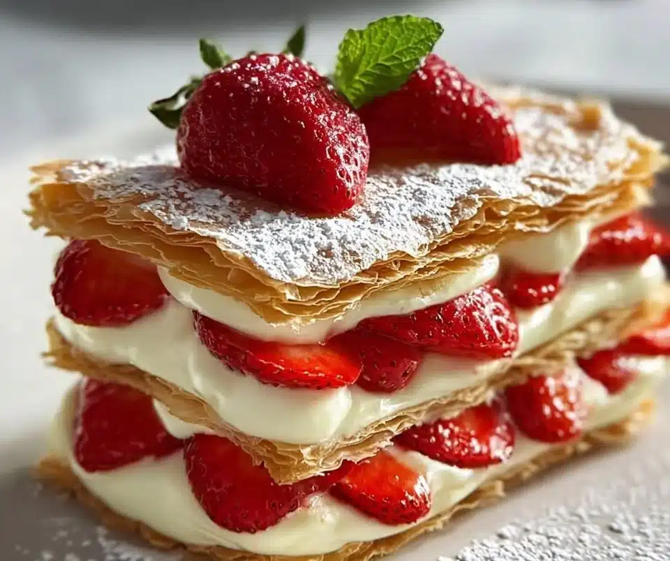 Delicious Strawberry Millefeuille dessert with layers of puff pastry and strawberries.