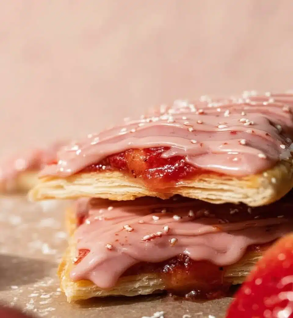 Delicious homemade Strawberry Rhubarb Pop Tarts on a rustic wooden table