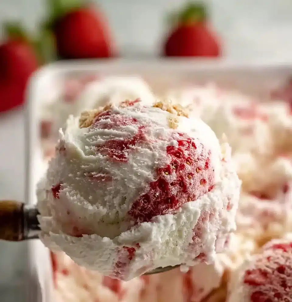 Delicious strawberry shortcake ice cream topped with fresh strawberries and whipped cream.