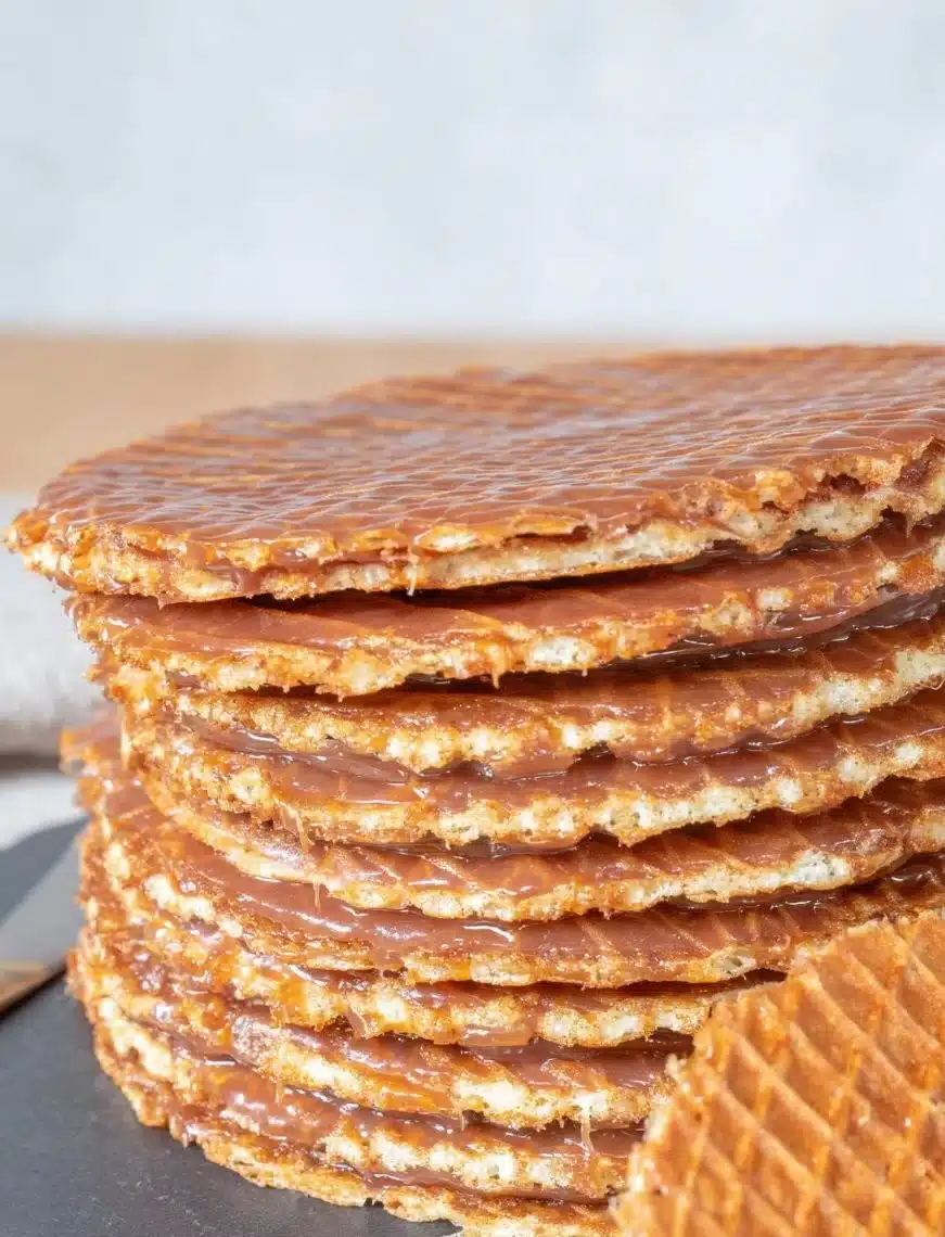 Homemade Stroopwafel with caramel filling on a rustic table
