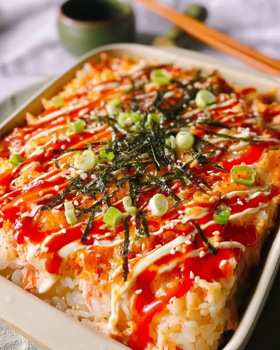 A delicious homemade sushi bake with layers of rice, seafood, and toppings