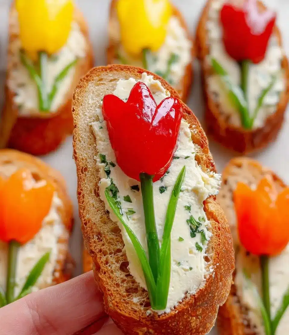 Delicious Tomato Tulip Crostini garnished with fresh herbs on a platter.