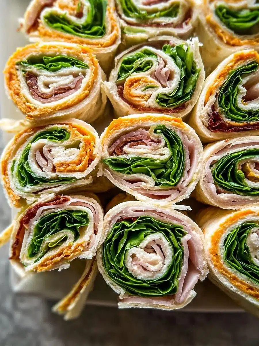 Turkey pinwheel sandwiches filled with turkey, cream cheese, and vegetables, sliced and served.