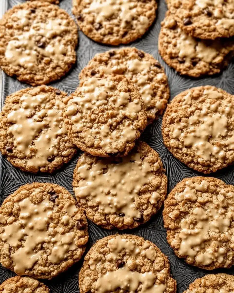 Freshly baked vanilla oatmeal latte cookies on a cooling rack