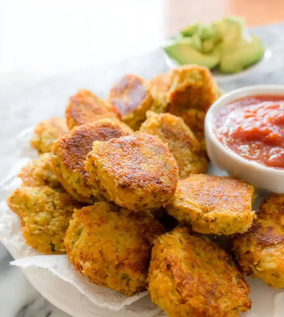 Plate of veggie chickpea nuggets served with dipping sauce.