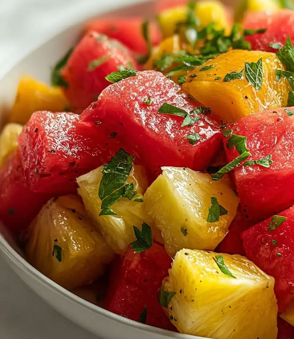 Delicious watermelon and pineapple fruit salad served in a bowl