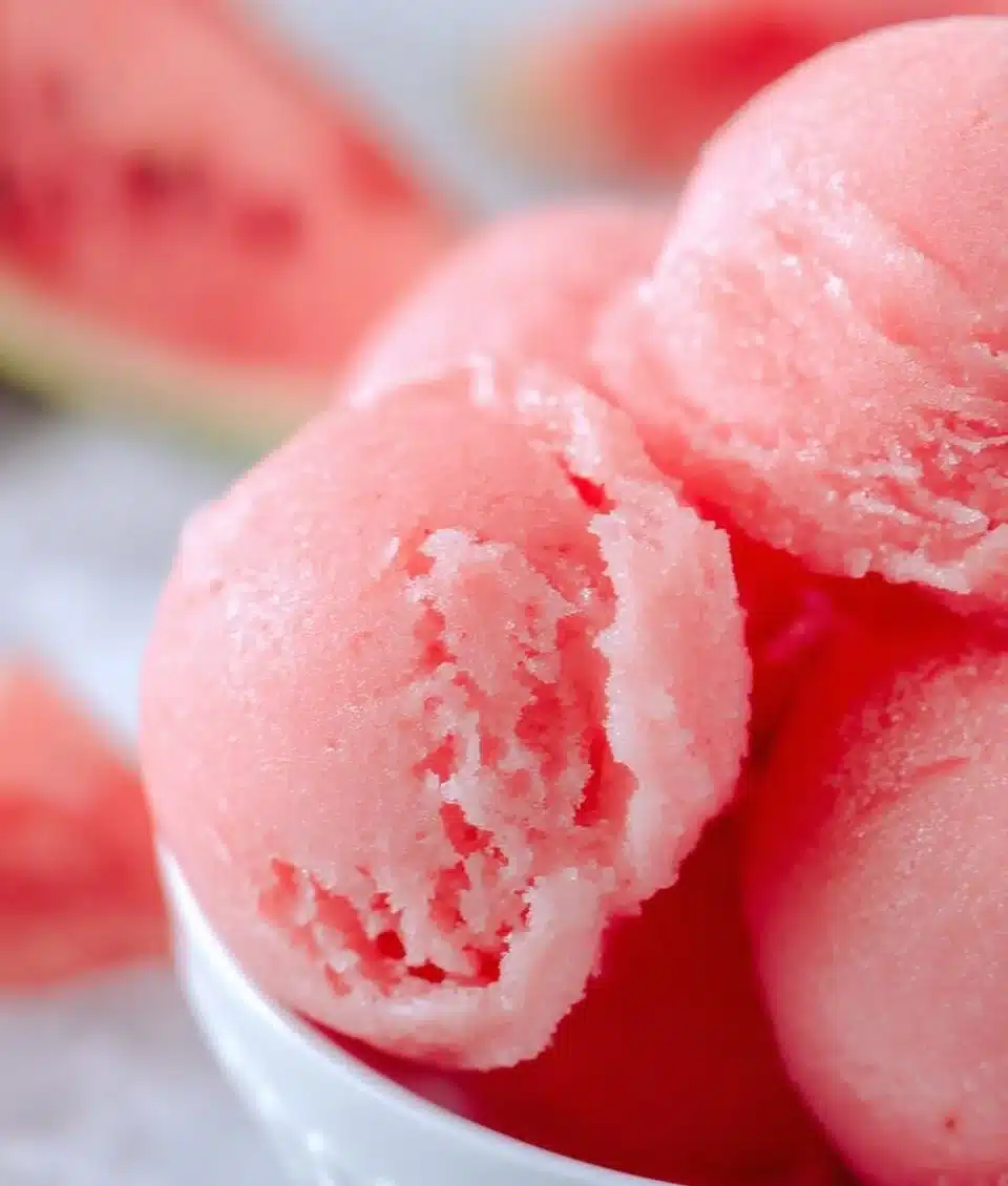 Delicious homemade watermelon sorbet served in a bowl with mint leaves