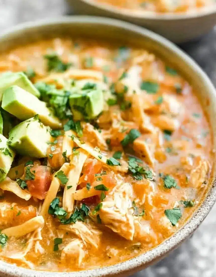 Bowl of white chicken chili topped with cilantro and lime