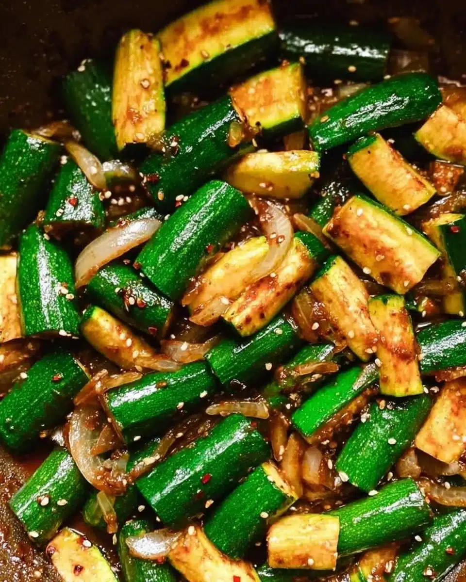 Sautéed zucchini and onions on a plate, showcasing vibrant colors and fresh ingredients.