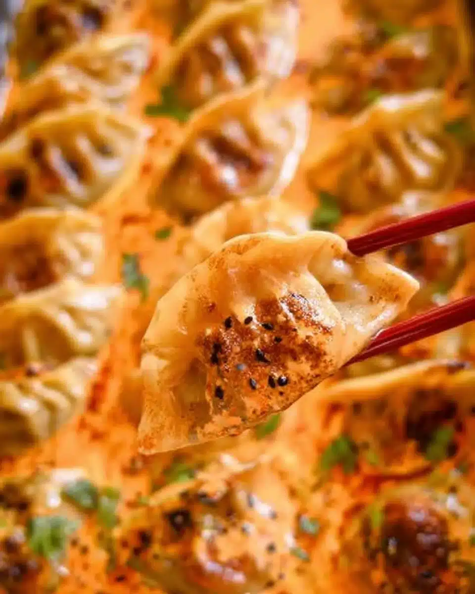 Platter of golden brown baked dumplings fresh out of the oven